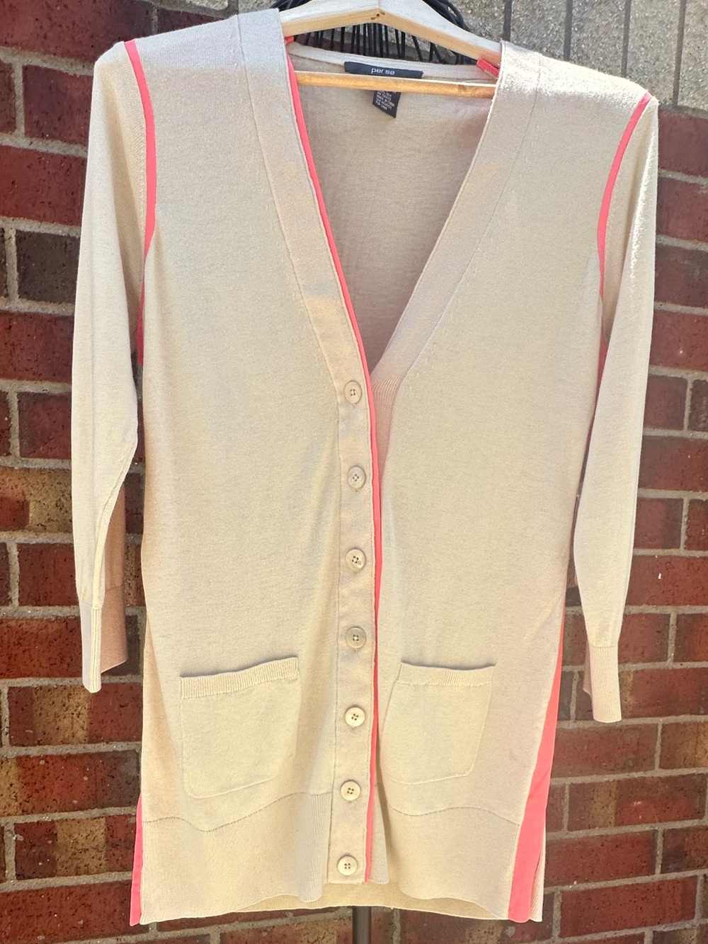 Per Se Silk Trim Longline Cardigan Cream -Taupe V-Neck Button Minimalist Office